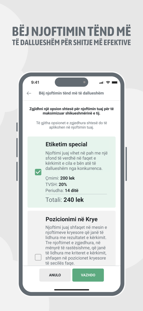 MerrJep Albania - MerrJep Albania app interface for boosting ads with special labels and top positioning