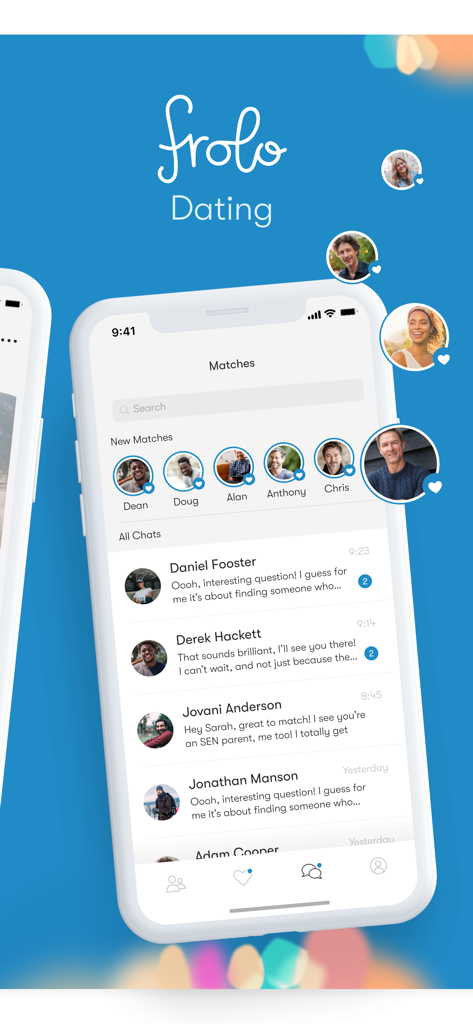 Interface of Frolo dating app showing matches and chat conversations for single parents