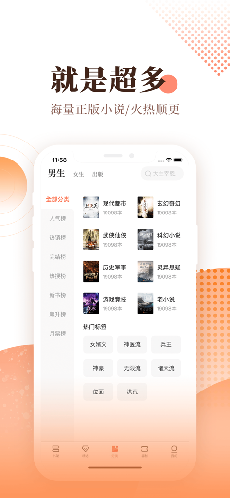 Interface of the Easou Fiction app showing various Chinese web novel categories and popular tags for readers.