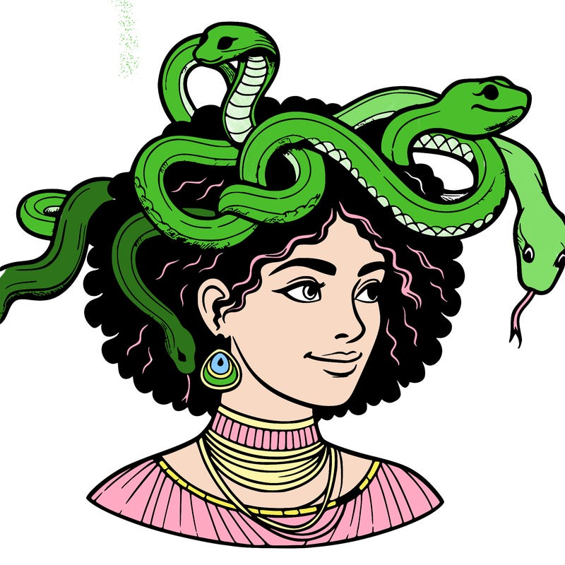 realistic woman snakes on head