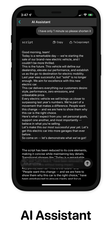 Autoprompt Pro AI Teleprompter - Interfaz del Asistente IA de Autoprompt Pro mostrando un guion editado para una presentación en video.