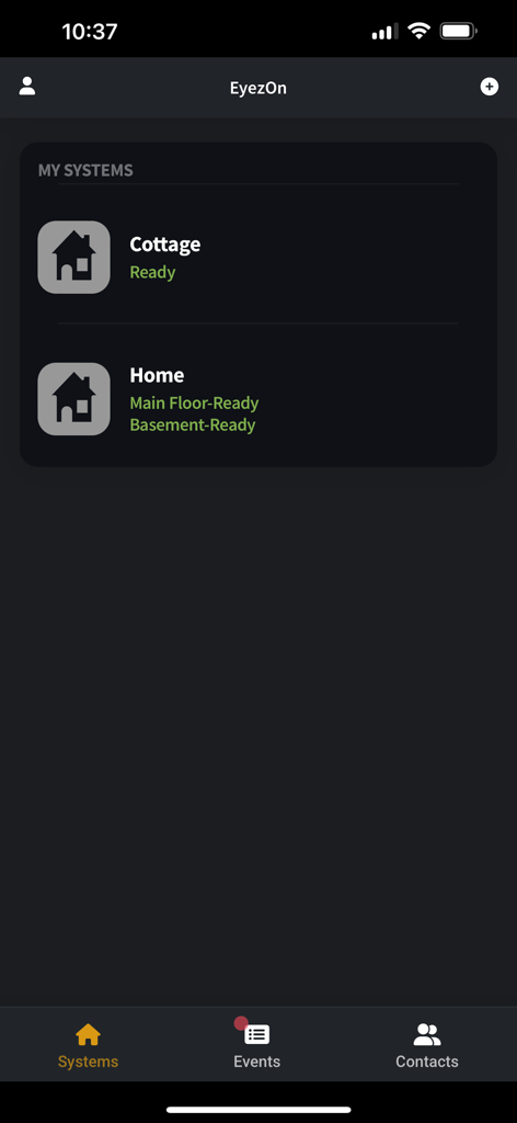 EyezOn Mobile - EyezOn Mobile app dashboard showing the status of security systems for Home and Cottage