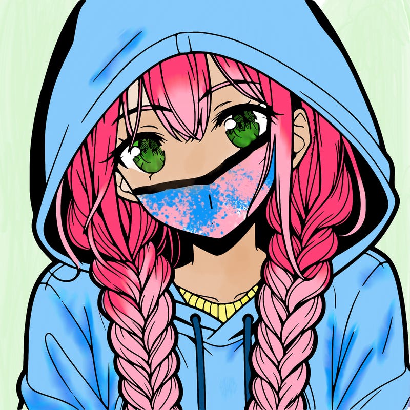 anime girl with long braids and hoodie