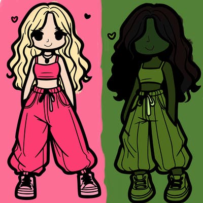 girl in baggy pants crop top and long hair