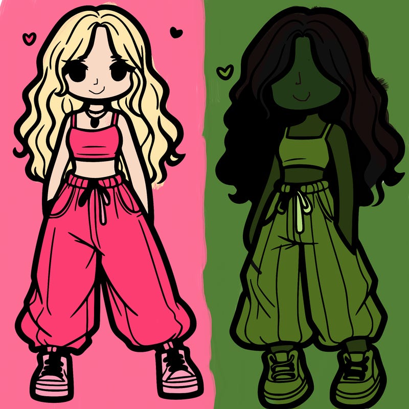 girl in baggy pants crop top and long hair