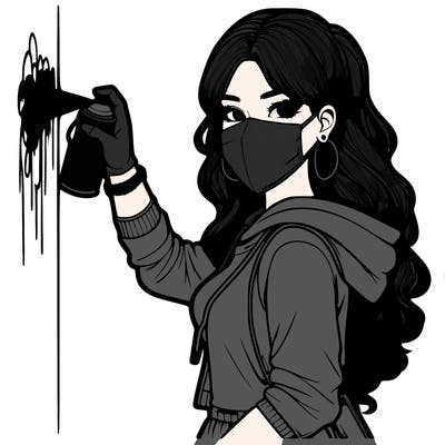 realistic girl with mask spray painting a wall