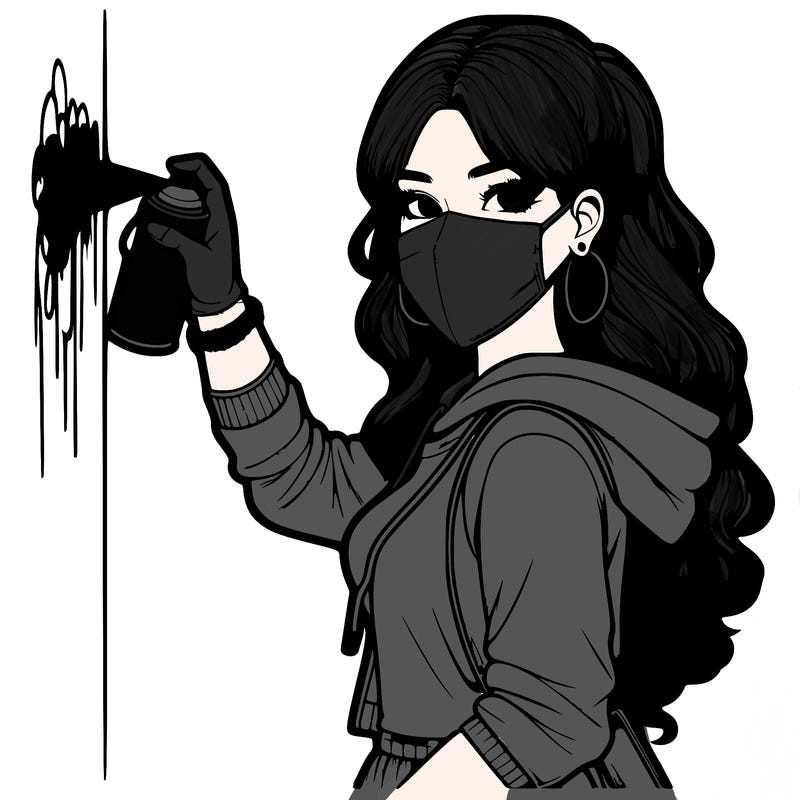 realistic girl with mask spray painting a wall