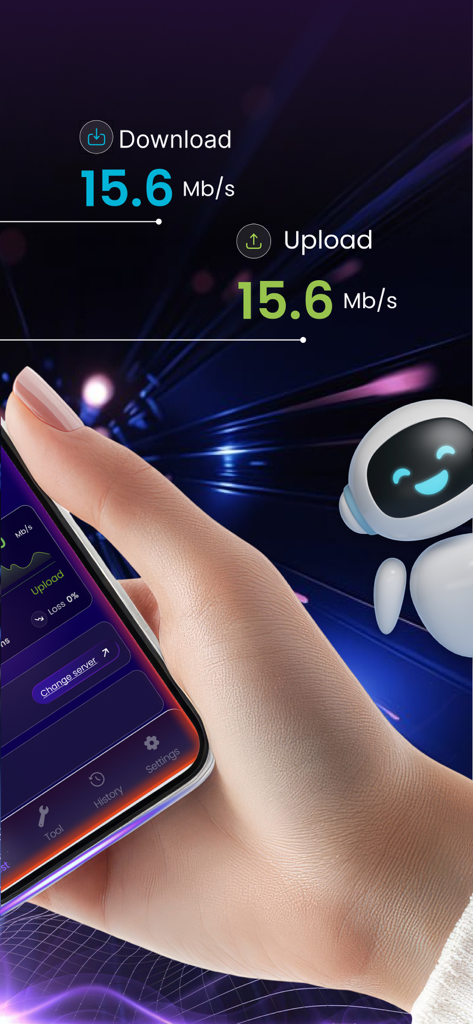 Internet Speed Test & Analyze - iPhone che mostra i risultati del test di velocità di download e upload con 15,6 Mb al secondo