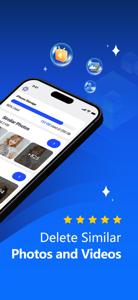 AI Cleaner: Storage Cleaner - Captura de pantalla de la aplicación AI Cleaner que muestra la detección de fotos similares y el uso de almacenamiento en un iPhone