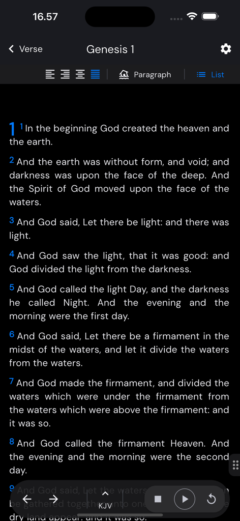 BibleNow!: Alkitab Offline - BibleNow app showing the first chapter of Genesis in the King James Version with dark mode enabled and audio controls.