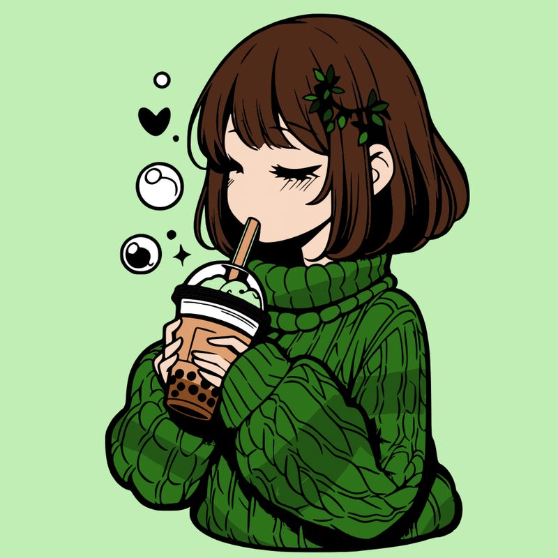 manga girl drinking boba in cozy sweater