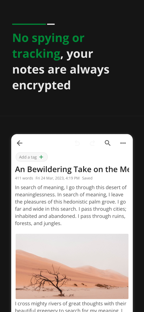 Notesnook: Private note taking - Interfaz de la aplicación Notesnook que muestra una entrada de diario privado cifrada con una imagen de un paisaje desértico.