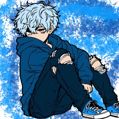 a male hoddie ripped jeans messy hair anime