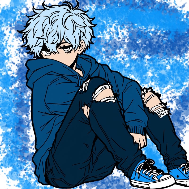 a male hoddie ripped jeans messy hair anime