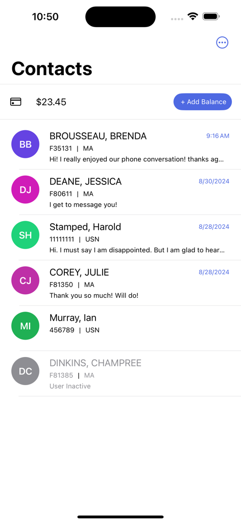 Contacts list screen in the CorrLinks Text Chat app showing message previews and account balance.