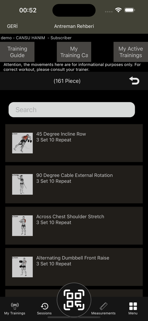 Oxygen Gym App - Oxygen Gym アプリのトレーニングガイド。会員向けの運動セットと反復回数が表示されています