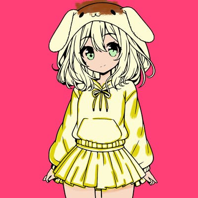 pretty anime girl wearing a fluffy hoodie with bunny ears on the hood and a skirt