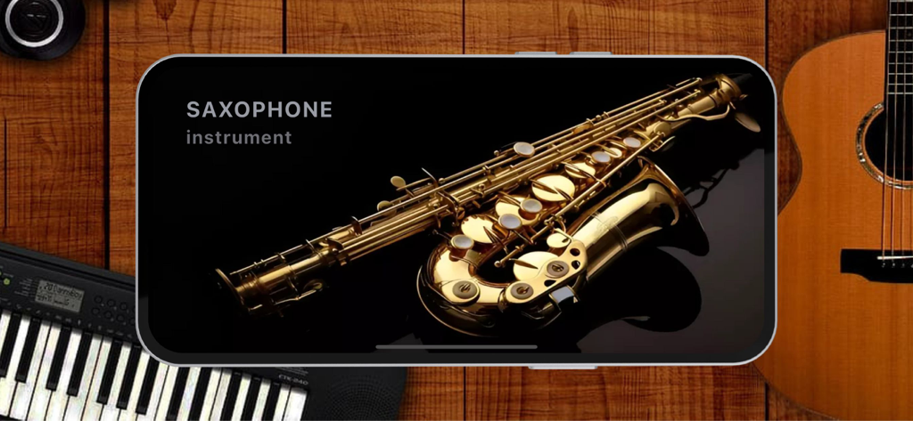 Smartphone screen displaying the Saxophone Instrument app on a wooden background with a guitar and keyboard