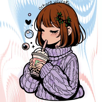 manga girl drinking boba in cozy sweater