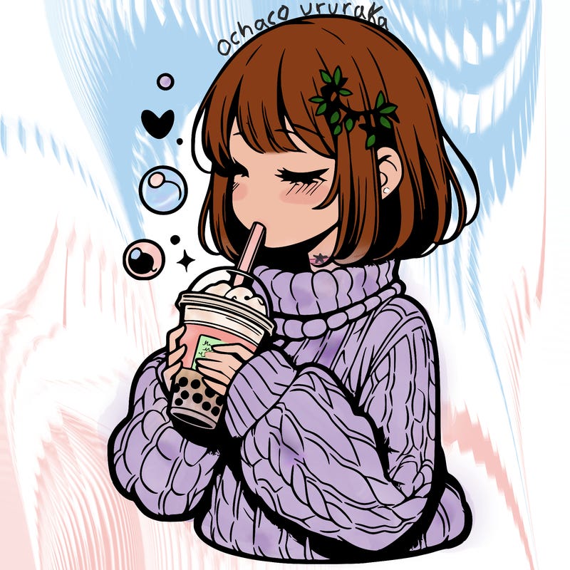 manga girl drinking boba in cozy sweater