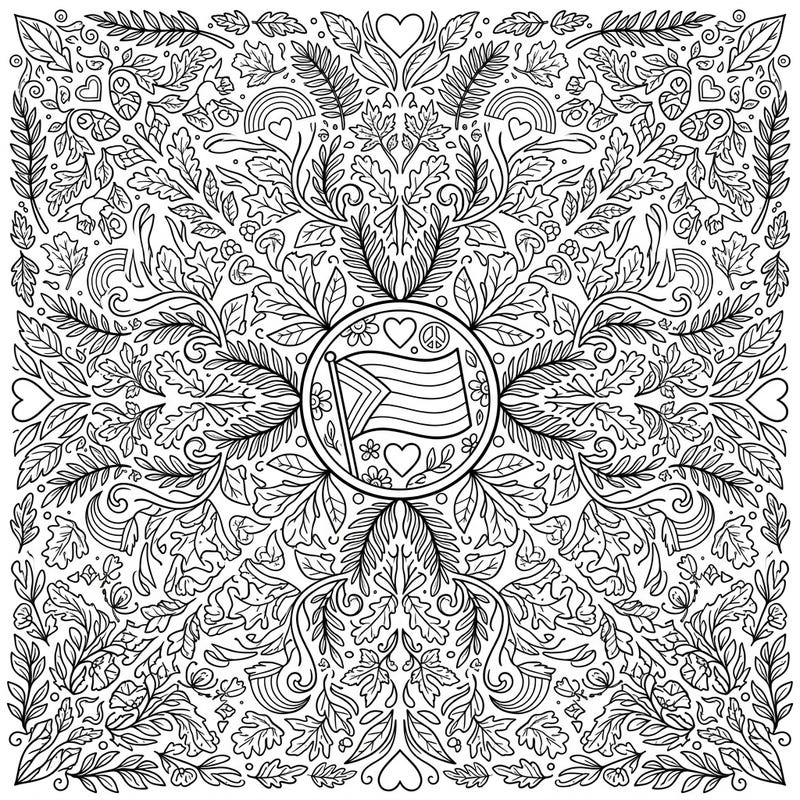 Immerse yourself in a beautiful fusion of nature and celebration with this intricate Kaleidoscope Leaves Pride coloring page. Discover a symmetrical design overflowing with diverse foliage and heartfelt symbols of love and community.