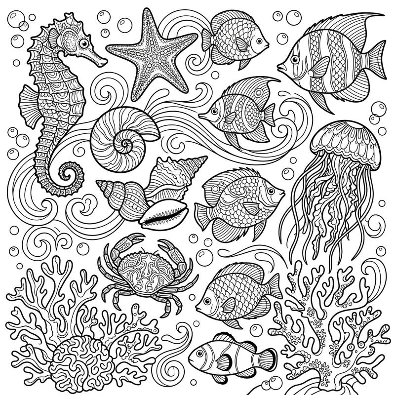 Unleash your creativity with this stunning adult coloring page featuring a rich tapestry of marine life. Discover beautifully detailed seahorses, starfish, exotic fish, and intricate coral, all awaiting your artistic touch.