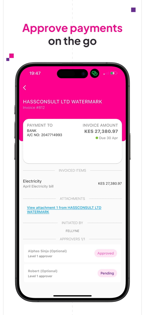 Boya - Pantalla móvil de la aplicación Boya que muestra un flujo de trabajo de aprobación de facturas para gastos empresariales