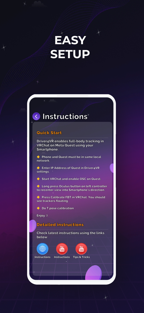 Driver4VR: Full Body Tracking - Driver4VR app screen showing setup instructions and a quick start guide for VR full body tracking.