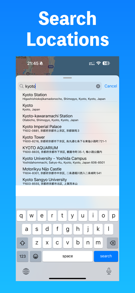 Search screen in Drone Maps Japan app showing results for Kyoto