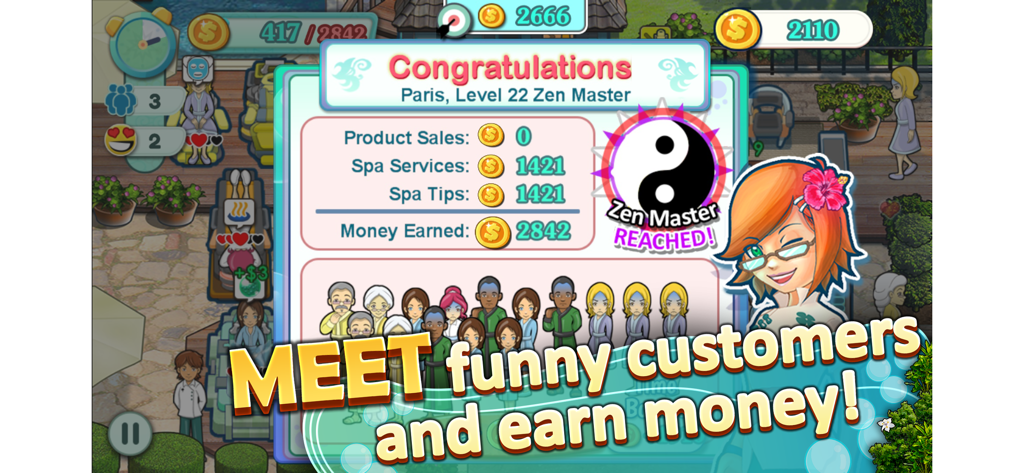 Sally's Spa game screenshot showing level 22 completion in Paris with earnings and a Zen Master badge