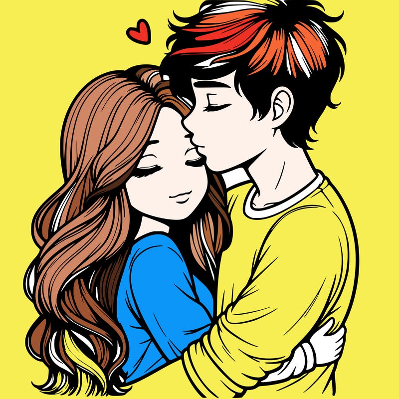 a realistic couple boy and girl hugging and kissing
