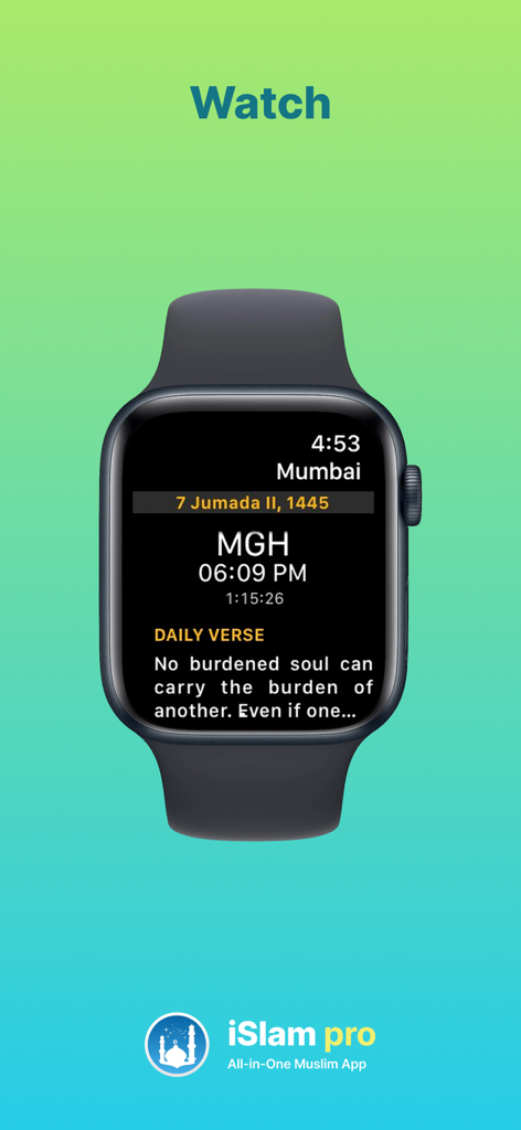 Islam Pro: Quran Prayer Qibla - Apple Watch interface showing prayer times and daily Quran verse on the Islam Pro app