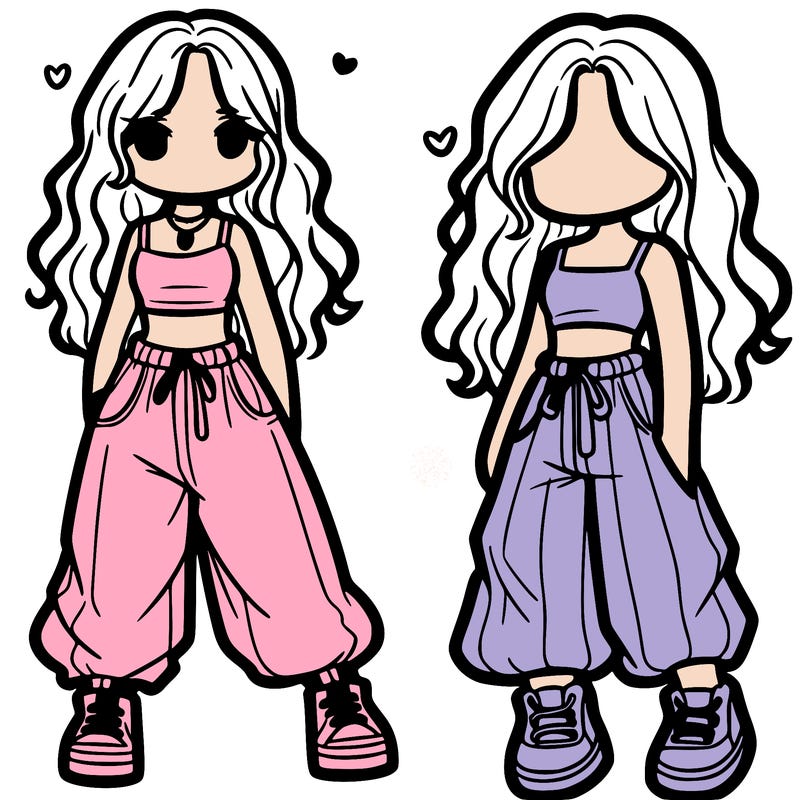 girl in baggy pants crop top and long hair