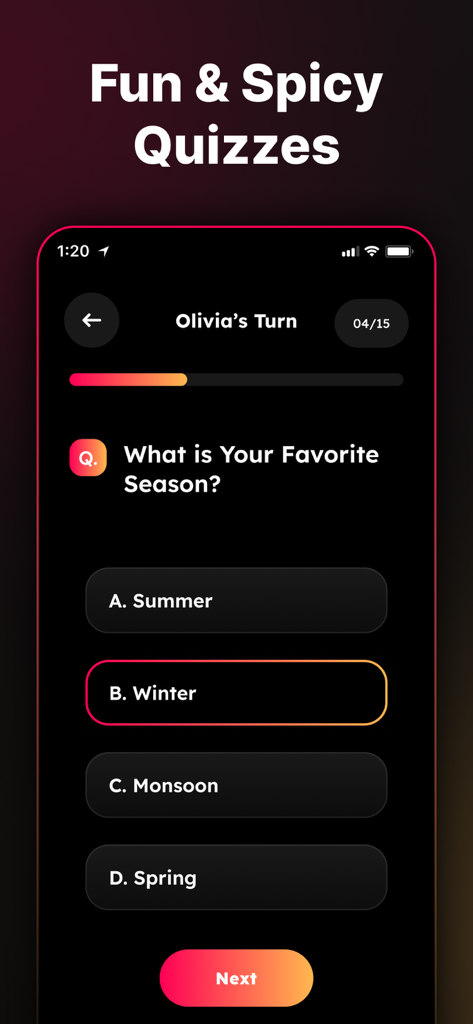 Couple Questions Games: SpicyQ - Captura de pantalla de la aplicación SpicyQ que muestra una pregunta de cuestionario de relación para parejas.