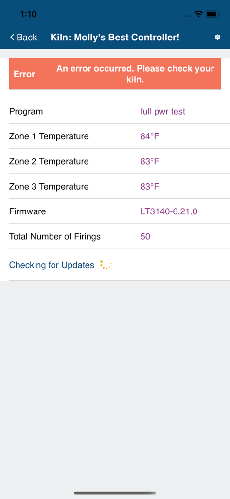 Bartlett KilnAid - Bartlett KilnAid app interface showing a kiln error notification and temperature zone readings.