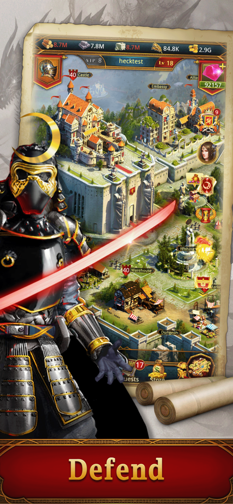 King's Empire - A medieval city layout in Kings Empire showing a warrior in the foreground and various building upgrades for defense