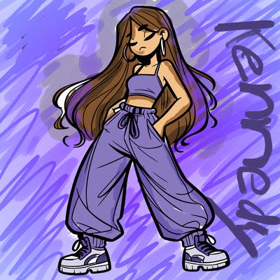 girl in baggy pants crop top and long hair