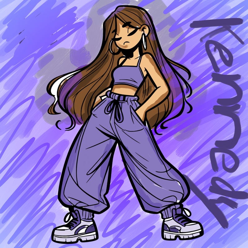 girl in baggy pants crop top and long hair