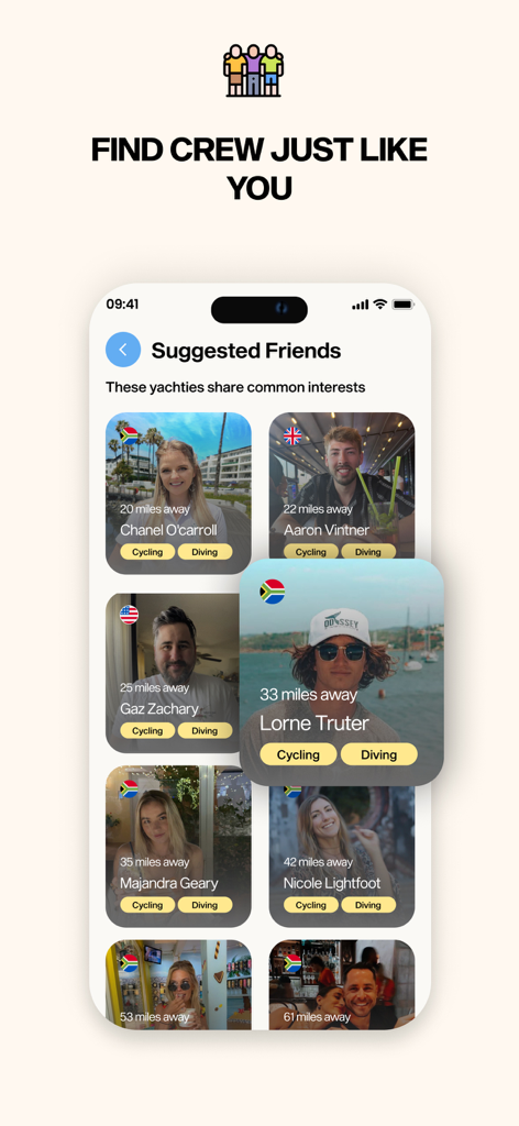 Lost And Found Crew app interface showing suggested friends and shared interests for yacht crew members
