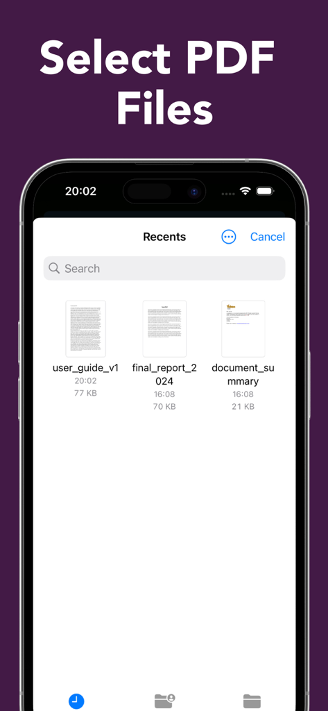 Convert PDF to PNG Picture - Tela do iPhone exibindo o menu de seleção de arquivos PDF recentes para conversão