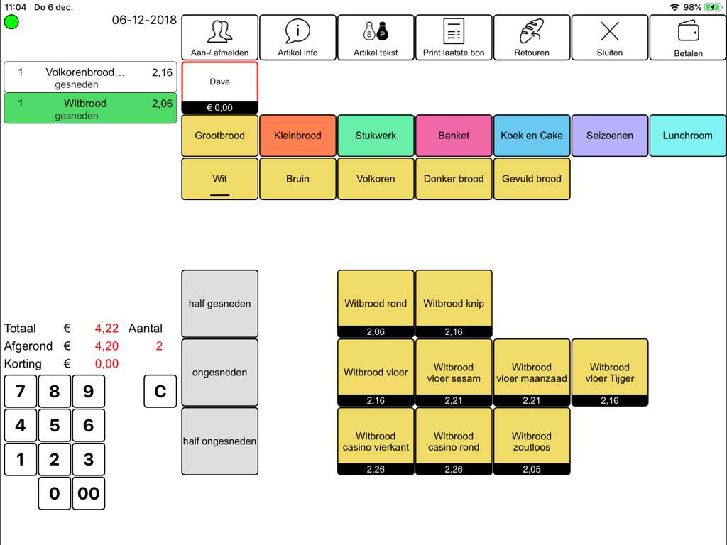 Interface de ponto de venda de padaria mostrando categorias de produtos de pão e preços em um iPad