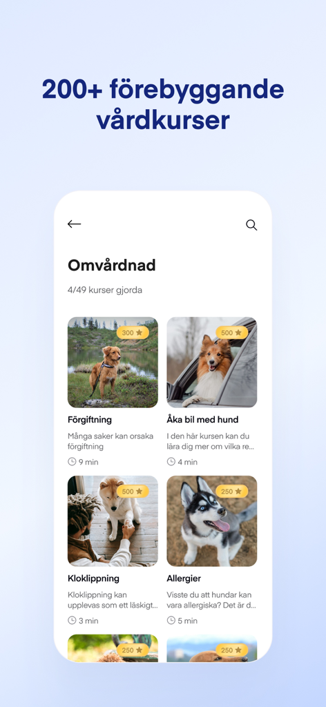 Lassie - Screenshot of the Lassie app displaying various preventative pet care courses that earn reward points.