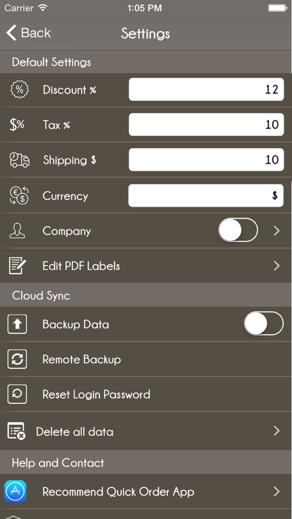 Invoice Mini: Create Invoices and Purchase Orders - 税金、割引、通貨、データバックアップのオプションが表示されたInvoice Miniアプリの設定インターフェース