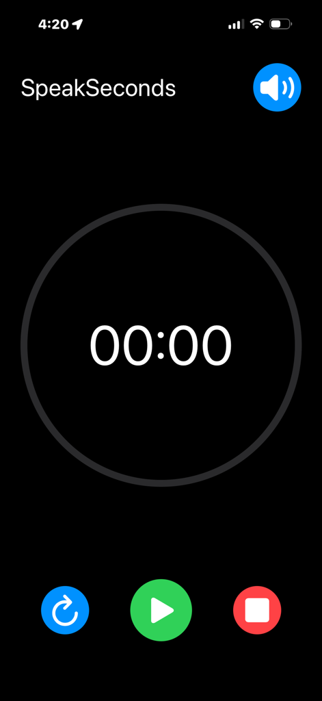 SpeakSeconds - SpeakSeconds app interface showing a minimalist digital timer with circular progress ring and colorful play stop and reset buttons