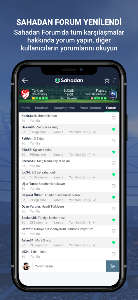 Sahadan app interface showing the renewed community forum with user comments on a soccer match