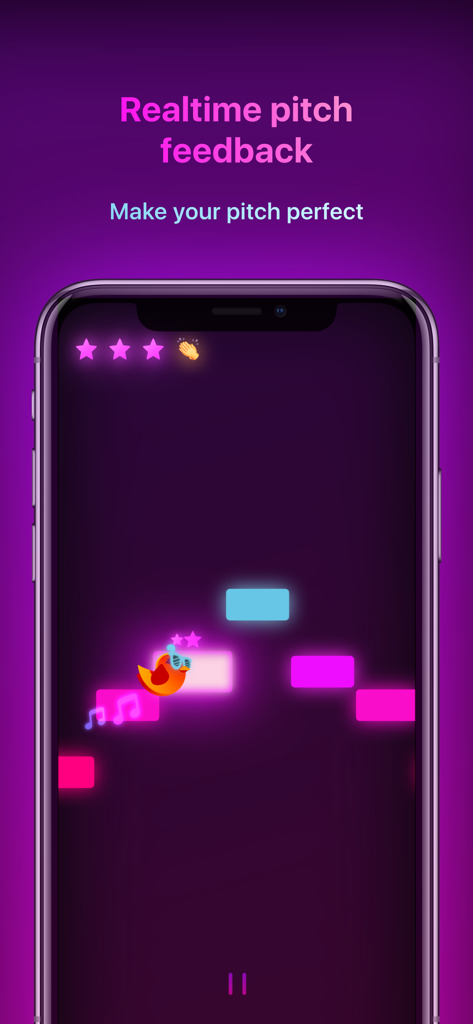 Real-time pitch feedback screen in the Vocal Workout singing app featuring a gamified interface.