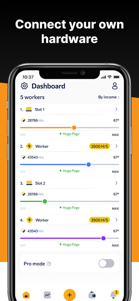 CT Farm - A smartphone screen showing the CT Farm app dashboard with real-time performance stats for connected crypto mining hardware