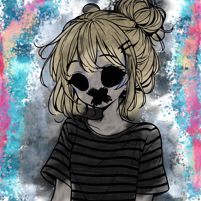 anime girl teenager striped shirt and smile and messy bun