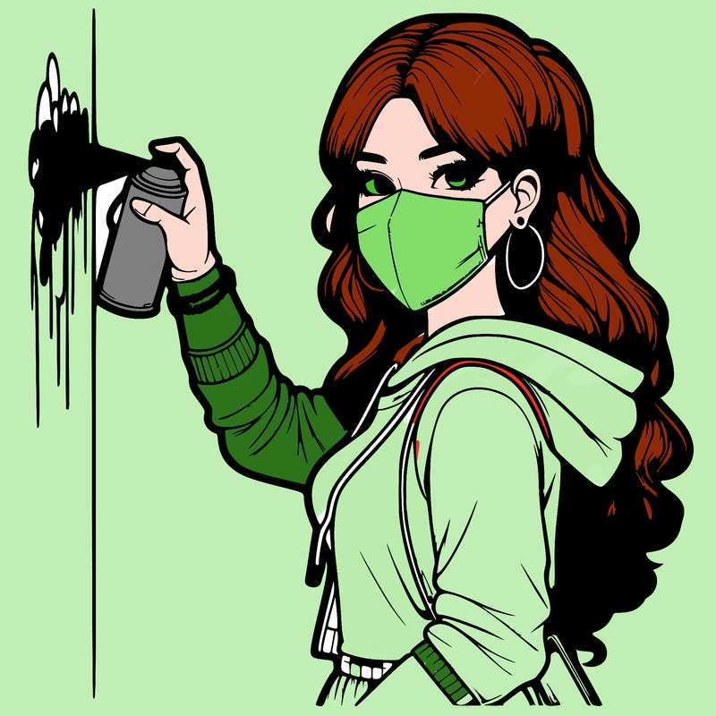 realistic girl with mask spray painting a wall