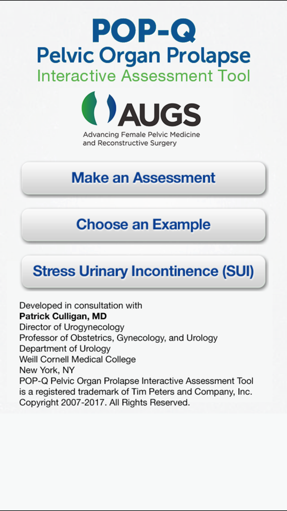 The home screen of the AUGS POP-Q Pelvic Organ Prolapse Interactive Assessment Tool for medical professionals.